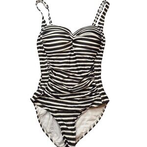 Nip Tuck Swimsuit Women's Sz 4 Black White Gold Striped One Piece Multi Fit Cup